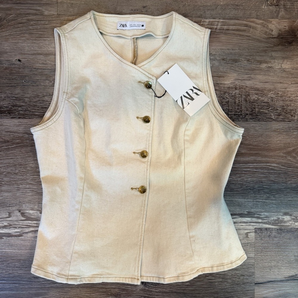 NWT Zara Women's Denim Vest Off White Cream Size L